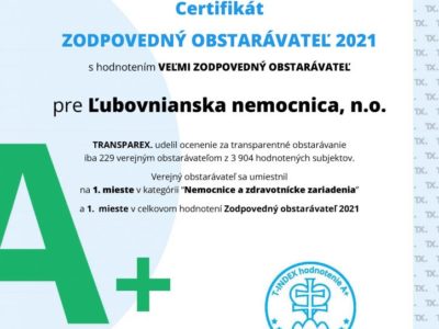 1. miesto v rebríčku Zodpovedných verejných obstarávateľov za rok 2021.